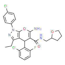ChemSpider 2D Image | 6-Amino-4-(2-chloro-6-fluorophenyl)-1-(4-chlorophenyl)-3-ethyl-N-(tetrahydro-2-furanylmethyl)-1,4-dihydropyrano[2,3-c]pyrazole-5-carboxamide | C26H25Cl2FN4O3