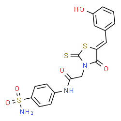 ChemSpider 2D Image | 2-[(5Z)-5-(3-Hydroxybenzylidene)-4-oxo-2-thioxo-1,3-thiazolidin-3-yl]-N-(4-sulfamoylphenyl)acetamide | C18H15N3O5S3