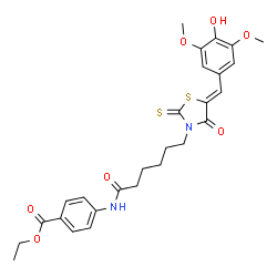 ChemSpider 2D Image | Ethyl 4-({6-[(5Z)-5-(4-hydroxy-3,5-dimethoxybenzylidene)-4-oxo-2-thioxo-1,3-thiazolidin-3-yl]hexanoyl}amino)benzoate | C27H30N2O7S2
