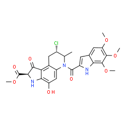 ChemSpider 2D Image | Methyl (2R,8S)-8-chloro-4-hydroxy-7-methyl-1-oxo-6-[(5,6,7-trimethoxy-1H-indol-2-yl)carbonyl]-2,3,6,7,8,9-hexahydro-1H-pyrrolo[3,2-f]quinoline-2-carboxylate | C26H26ClN3O8