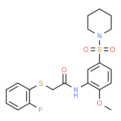 ChemSpider 2D Image | 2-[(2-Fluorophenyl)sulfanyl]-N-[2-methoxy-5-(1-piperidinylsulfonyl)phenyl]acetamide | C20H23FN2O4S2