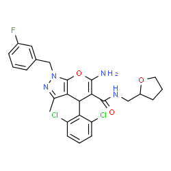 ChemSpider 2D Image | 6-Amino-4-(2,6-dichlorophenyl)-1-(3-fluorobenzyl)-3-methyl-N-(tetrahydro-2-furanylmethyl)-1,4-dihydropyrano[2,3-c]pyrazole-5-carboxamide | C26H25Cl2FN4O3