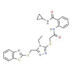 ChemSpider 2D Image | 2-{[({5-[(1,3-Benzothiazol-2-ylsulfanyl)methyl]-4-ethyl-4H-1,2,4-triazol-3-yl}sulfanyl)acetyl]amino}-N-cyclopropylbenzamide | C24H24N6O2S3