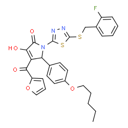 ChemSpider 2D Image | 1-{5-[(2-Fluorobenzyl)sulfanyl]-1,3,4-thiadiazol-2-yl}-4-(2-furoyl)-3-hydroxy-5-[4-(pentyloxy)phenyl]-1,5-dihydro-2H-pyrrol-2-one | C29H26FN3O5S2