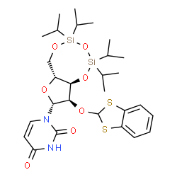 ChemSpider 2D Image | 1-[(6aR,8R,9R,9aR)-9-(1,3-Benzodithiol-2-yloxy)-2,2,4,4-tetraisopropyltetrahydro-6H-furo[3,2-f][1,3,5,2,4]trioxadisilocin-8-yl]-2,4(1H,3H)-pyrimidinedione | C28H42N2O7S2Si2