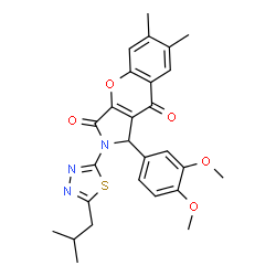 ChemSpider 2D Image | 1-(3,4-Dimethoxyphenyl)-2-(5-isobutyl-1,3,4-thiadiazol-2-yl)-6,7-dimethyl-1,2-dihydrochromeno[2,3-c]pyrrole-3,9-dione | C27H27N3O5S