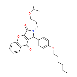 ChemSpider 2D Image | 1-[4-(Hexyloxy)phenyl]-2-(3-isopropoxypropyl)-1,2-dihydrochromeno[2,3-c]pyrrole-3,9-dione | C29H35NO5
