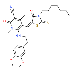 ChemSpider 2D Image | 6-{[2-(3,4-Dimethoxyphenyl)ethyl]amino}-5-[(E)-(3-heptyl-4-oxo-2-thioxo-1,3-thiazolidin-5-ylidene)methyl]-1,4-dimethyl-2-oxo-1,2-dihydro-3-pyridinecarbonitrile | C29H36N4O4S2