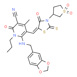 ChemSpider 2D Image | 6-[(1,3-Benzodioxol-5-ylmethyl)amino]-5-{(E)-[3-(1,1-dioxidotetrahydro-3-thiophenyl)-4-oxo-2-thioxo-1,3-thiazolidin-5-ylidene]methyl}-4-methyl-2-oxo-1-propyl-1,2-dihydro-3-pyridinecarbonitrile | C26H26N4O6S3