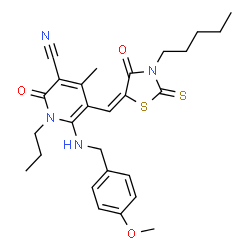 ChemSpider 2D Image | 6-[(4-Methoxybenzyl)amino]-4-methyl-2-oxo-5-[(E)-(4-oxo-3-pentyl-2-thioxo-1,3-thiazolidin-5-ylidene)methyl]-1-propyl-1,2-dihydro-3-pyridinecarbonitrile | C27H32N4O3S2