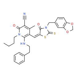 ChemSpider 2D Image | 5-{(E)-[3-(1,3-Benzodioxol-5-ylmethyl)-4-oxo-2-thioxo-1,3-thiazolidin-5-ylidene]methyl}-1-butyl-4-methyl-2-oxo-6-[(2-phenylethyl)amino]-1,2-dihydro-3-pyridinecarbonitrile | C31H30N4O4S2