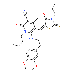 ChemSpider 2D Image | 1-Butyl-5-[(E)-(3-sec-butyl-4-oxo-2-thioxo-1,3-thiazolidin-5-ylidene)methyl]-6-{[2-(3,4-dimethoxyphenyl)ethyl]amino}-4-methyl-2-oxo-1,2-dihydro-3-pyridinecarbonitrile | C29H36N4O4S2