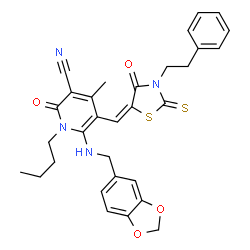 ChemSpider 2D Image | 6-[(1,3-Benzodioxol-5-ylmethyl)amino]-1-butyl-4-methyl-2-oxo-5-{(E)-[4-oxo-3-(2-phenylethyl)-2-thioxo-1,3-thiazolidin-5-ylidene]methyl}-1,2-dihydro-3-pyridinecarbonitrile | C31H30N4O4S2