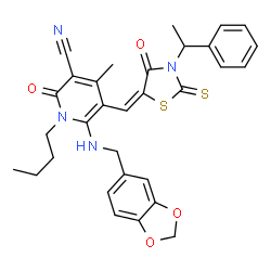ChemSpider 2D Image | 6-[(1,3-Benzodioxol-5-ylmethyl)amino]-1-butyl-4-methyl-2-oxo-5-{(E)-[4-oxo-3-(1-phenylethyl)-2-thioxo-1,3-thiazolidin-5-ylidene]methyl}-1,2-dihydro-3-pyridinecarbonitrile | C31H30N4O4S2