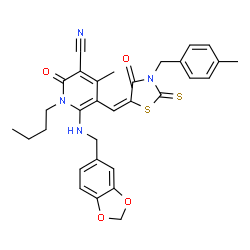 ChemSpider 2D Image | 6-[(1,3-Benzodioxol-5-ylmethyl)amino]-1-butyl-4-methyl-5-{(E)-[3-(4-methylbenzyl)-4-oxo-2-thioxo-1,3-thiazolidin-5-ylidene]methyl}-2-oxo-1,2-dihydro-3-pyridinecarbonitrile | C31H30N4O4S2