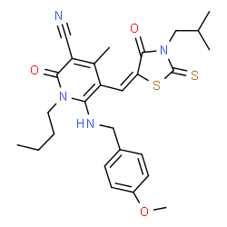 ChemSpider 2D Image | 1-Butyl-5-[(E)-(3-isobutyl-4-oxo-2-thioxo-1,3-thiazolidin-5-ylidene)methyl]-6-[(4-methoxybenzyl)amino]-4-methyl-2-oxo-1,2-dihydro-3-pyridinecarbonitrile | C27H32N4O3S2
