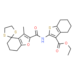 ChemSpider 2D Image | Ethyl 2-{[(3-methyl-6,7-dihydro-5H-spiro[1-benzofuran-4,2'-[1,3]dithiolan]-2-yl)carbonyl]amino}-4,5,6,7-tetrahydro-1-benzothiophene-3-carboxylate | C23H27NO4S3
