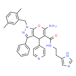 ChemSpider 2D Image | 6-Amino-1-(2,5-dimethylbenzyl)-N-[2-(1H-imidazol-5-yl)ethyl]-3-phenyl-4-(4-pyridinyl)-1,4-dihydropyrano[2,3-c]pyrazole-5-carboxamide | C32H31N7O2