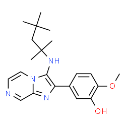 ChemSpider 2D Image | 2-Methoxy-5-{3-[(2,4,4-trimethyl-2-pentanyl)amino]imidazo[1,2-a]pyrazin-2-yl}phenol | C21H28N4O2
