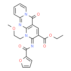 ChemSpider 2D Image | Ethyl (2Z)-2-(2-furoylimino)-1-(2-methoxyethyl)-5-oxo-1,5-dihydro-2H-dipyrido[1,2-a:2',3'-d]pyrimidine-3-carboxylate | C22H20N4O6