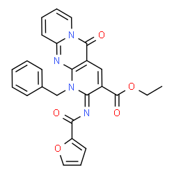 ChemSpider 2D Image | Ethyl (2Z)-1-benzyl-2-(2-furoylimino)-5-oxo-1,5-dihydro-2H-dipyrido[1,2-a:2',3'-d]pyrimidine-3-carboxylate | C26H20N4O5
