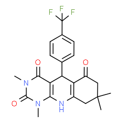 ChemSpider 2D Image | 1,3,8,8-Tetramethyl-5-[4-(trifluoromethyl)phenyl]-5,8,9,10-tetrahydropyrimido[4,5-b]quinoline-2,4,6(1H,3H,7H)-trione | C22H22F3N3O3