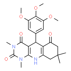 ChemSpider 2D Image | 1,3,8,8-Tetramethyl-5-(3,4,5-trimethoxyphenyl)-5,8,9,10-tetrahydropyrimido[4,5-b]quinoline-2,4,6(1H,3H,7H)-trione | C24H29N3O6