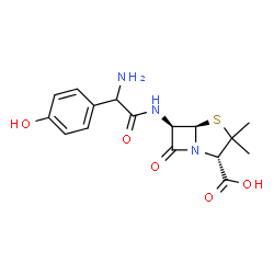 ChemSpider 2D Image | (2S,5R,6R)-6-{[Amino(4-hydroxyphenyl)acetyl]amino}-3,3-dimethyl-7-oxo-4-thia-1-azabicyclo[3.2.0]heptane-2-carboxylic acid | C16H19N3O5S