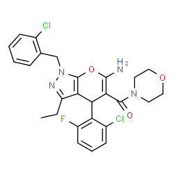 ChemSpider 2D Image | [6-Amino-1-(2-chlorobenzyl)-4-(2-chloro-6-fluorophenyl)-3-ethyl-1,4-dihydropyrano[2,3-c]pyrazol-5-yl](4-morpholinyl)methanone | C26H25Cl2FN4O3
