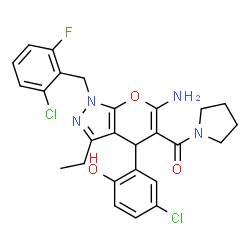 ChemSpider 2D Image | [6-Amino-1-(2-chloro-6-fluorobenzyl)-4-(5-chloro-2-hydroxyphenyl)-3-ethyl-1,4-dihydropyrano[2,3-c]pyrazol-5-yl](1-pyrrolidinyl)methanone | C26H25Cl2FN4O3