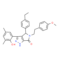 ChemSpider 2D Image | 4-(4-Ethylphenyl)-3-(2-hydroxy-3,5-dimethylphenyl)-5-[2-(4-methoxyphenyl)ethyl]-4,5-dihydropyrrolo[3,4-c]pyrazol-6(1H)-one | C30H31N3O3
