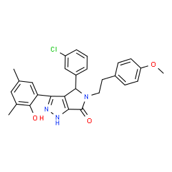 ChemSpider 2D Image | 4-(3-Chlorophenyl)-3-(2-hydroxy-3,5-dimethylphenyl)-5-[2-(4-methoxyphenyl)ethyl]-4,5-dihydropyrrolo[3,4-c]pyrazol-6(1H)-one | C28H26ClN3O3