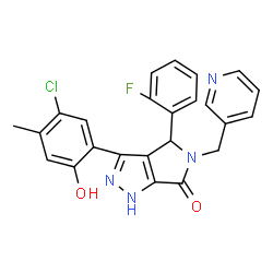 ChemSpider 2D Image | 3-(5-Chloro-2-hydroxy-4-methylphenyl)-4-(2-fluorophenyl)-5-(3-pyridinylmethyl)-4,5-dihydropyrrolo[3,4-c]pyrazol-6(1H)-one | C24H18ClFN4O2