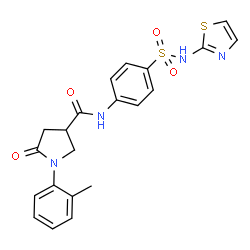 ChemSpider 2D Image | 1-(2-Methylphenyl)-5-oxo-N-[4-(1,3-thiazol-2-ylsulfamoyl)phenyl]-3-pyrrolidinecarboxamide | C21H20N4O4S2