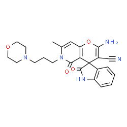 ChemSpider 2D Image | 2'-Amino-7'-methyl-6'-[3-(4-morpholinyl)propyl]-2,5'-dioxo-1,2,5',6'-tetrahydrospiro[indole-3,4'-pyrano[3,2-c]pyridine]-3'-carbonitrile | C24H25N5O4