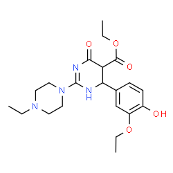 ChemSpider 2D Image | Ethyl 4-(3-ethoxy-4-hydroxyphenyl)-2-(4-ethyl-1-piperazinyl)-6-oxo-1,4,5,6-tetrahydro-5-pyrimidinecarboxylate | C21H30N4O5