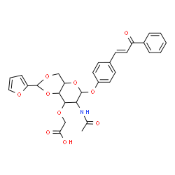 ChemSpider 2D Image | 4-[(1E)-3-Oxo-3-phenyl-1-propen-1-yl]phenyl 2-acetamido-3-O-(carboxymethyl)-2-deoxy-4,6-O-(2-furylmethylene)hexopyranoside | C30H29NO10