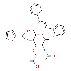 ChemSpider 2D Image | 2-[(1E)-3-Oxo-3-phenyl-1-propen-1-yl]phenyl 2-acetamido-3-O-(carboxymethyl)-2-deoxy-4,6-O-(2-furylmethylene)hexopyranoside | C30H29NO10