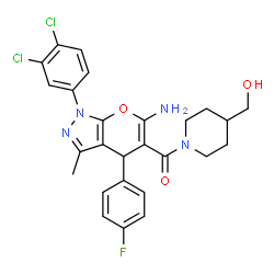 ChemSpider 2D Image | [6-Amino-1-(3,4-dichlorophenyl)-4-(4-fluorophenyl)-3-methyl-1,4-dihydropyrano[2,3-c]pyrazol-5-yl][4-(hydroxymethyl)-1-piperidinyl]methanone | C26H25Cl2FN4O3