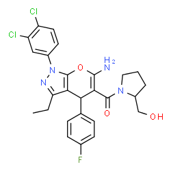 ChemSpider 2D Image | [6-Amino-1-(3,4-dichlorophenyl)-3-ethyl-4-(4-fluorophenyl)-1,4-dihydropyrano[2,3-c]pyrazol-5-yl][2-(hydroxymethyl)-1-pyrrolidinyl]methanone | C26H25Cl2FN4O3