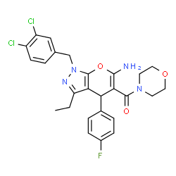 ChemSpider 2D Image | [6-Amino-1-(3,4-dichlorobenzyl)-3-ethyl-4-(4-fluorophenyl)-1,4-dihydropyrano[2,3-c]pyrazol-5-yl](4-morpholinyl)methanone | C26H25Cl2FN4O3