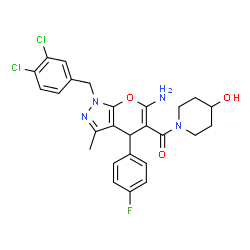 ChemSpider 2D Image | [6-Amino-1-(3,4-dichlorobenzyl)-4-(4-fluorophenyl)-3-methyl-1,4-dihydropyrano[2,3-c]pyrazol-5-yl](4-hydroxy-1-piperidinyl)methanone | C26H25Cl2FN4O3