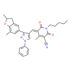 ChemSpider 2D Image | (5E)-5-{[3-(2,7-Dimethyl-2,3-dihydro-1-benzofuran-5-yl)-1-phenyl-1H-pyrazol-4-yl]methylene}-4-methyl-2,6-dioxo-1-pentyl-1,2,5,6-tetrahydro-3-pyridinecarbonitrile | C32H32N4O3