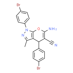 ChemSpider 2D Image | 6-Amino-1,4-bis(4-bromophenyl)-3-methyl-1,4-dihydropyrano[2,3-c]pyrazole-5-carbonitrile | C20H14Br2N4O