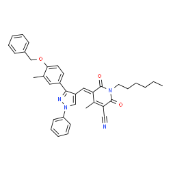 ChemSpider 2D Image | (5E)-5-({3-[4-(Benzyloxy)-3-methylphenyl]-1-phenyl-1H-pyrazol-4-yl}methylene)-1-hexyl-4-methyl-2,6-dioxo-1,2,5,6-tetrahydro-3-pyridinecarbonitrile | C37H36N4O3