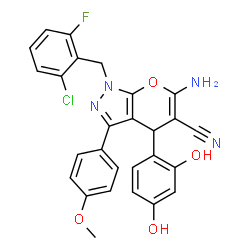 ChemSpider 2D Image | 6-Amino-1-(2-chloro-6-fluorobenzyl)-4-(2,4-dihydroxyphenyl)-3-(4-methoxyphenyl)-1,4-dihydropyrano[2,3-c]pyrazole-5-carbonitrile | C27H20ClFN4O4