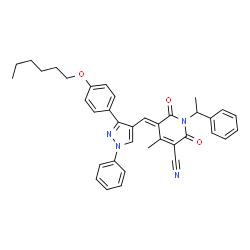 ChemSpider 2D Image | (5E)-5-({3-[4-(Hexyloxy)phenyl]-1-phenyl-1H-pyrazol-4-yl}methylene)-4-methyl-2,6-dioxo-1-(1-phenylethyl)-1,2,5,6-tetrahydro-3-pyridinecarbonitrile | C37H36N4O3