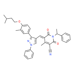 ChemSpider 2D Image | (5E)-4-Methyl-5-({3-[3-methyl-4-(3-methylbutoxy)phenyl]-1-phenyl-1H-pyrazol-4-yl}methylene)-2,6-dioxo-1-(1-phenylethyl)-1,2,5,6-tetrahydro-3-pyridinecarbonitrile | C37H36N4O3