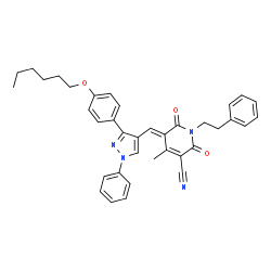 ChemSpider 2D Image | (5E)-5-({3-[4-(Hexyloxy)phenyl]-1-phenyl-1H-pyrazol-4-yl}methylene)-4-methyl-2,6-dioxo-1-(2-phenylethyl)-1,2,5,6-tetrahydro-3-pyridinecarbonitrile | C37H36N4O3