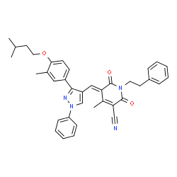 ChemSpider 2D Image | (5E)-4-Methyl-5-({3-[3-methyl-4-(3-methylbutoxy)phenyl]-1-phenyl-1H-pyrazol-4-yl}methylene)-2,6-dioxo-1-(2-phenylethyl)-1,2,5,6-tetrahydro-3-pyridinecarbonitrile | C37H36N4O3